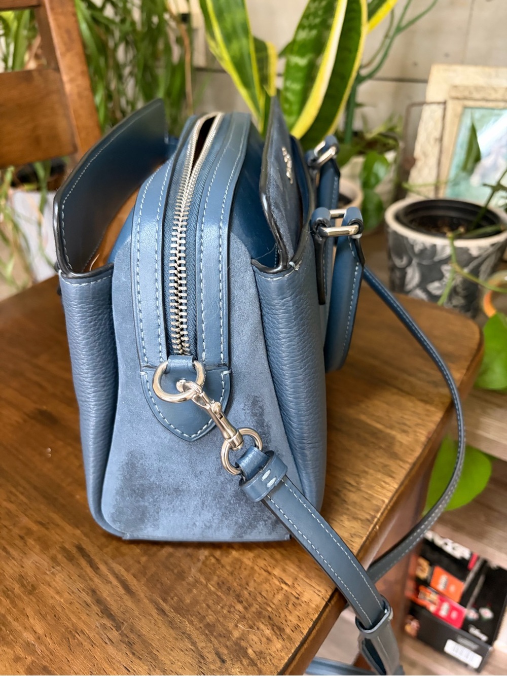 Coach Slate Blue Pebble Leather Satchel with Crossbody Strap - Picture 3 of 8
